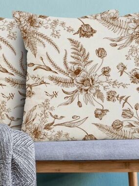 Floral Print Throw Pillow - Cream with Brown Botanical Design